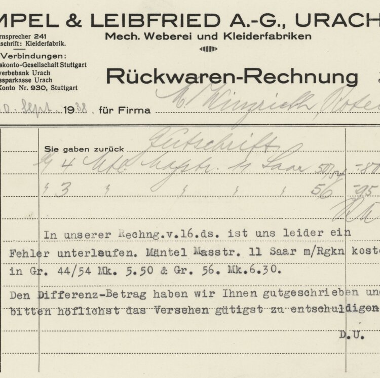 Kempel & Leibfried A.G. - Rechnung - 20.09.1938