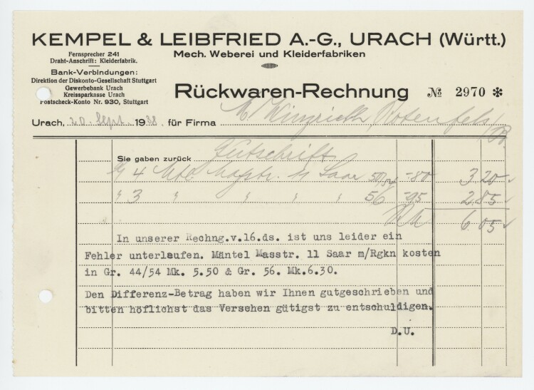 Kempel & Leibfried A.G. - Rechnung - 20.09.1938