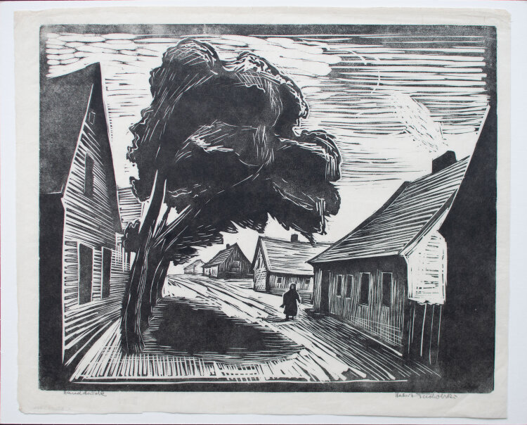 Herbert Tucholski - Dorfstraße in Leba, Pommern - 1939 - Holzschnitt