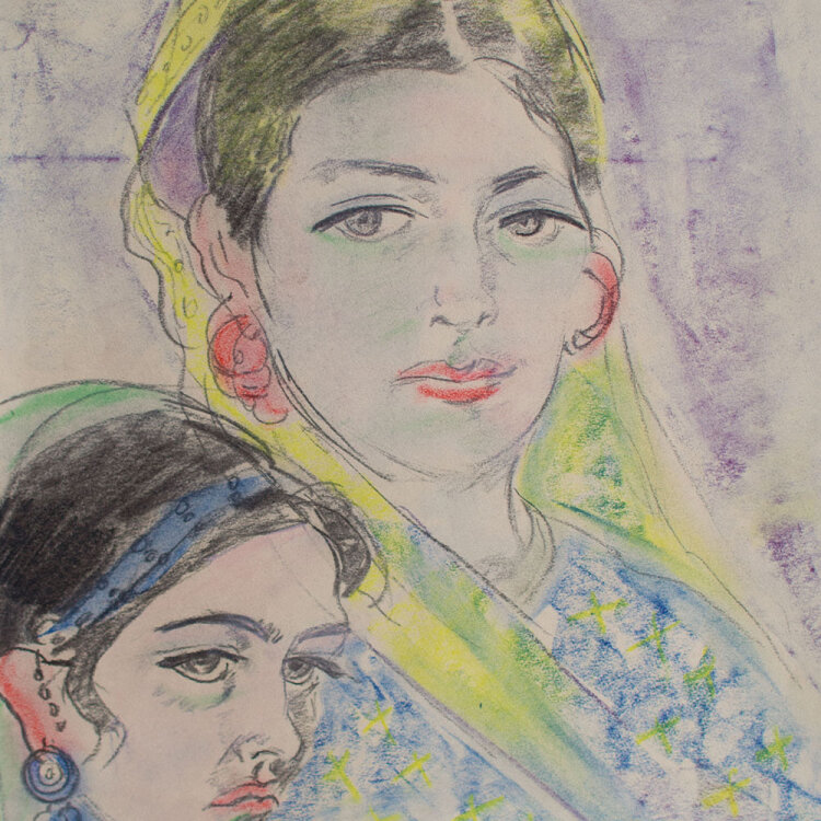Unleserlich signiert - Zwei indische Mädchen - 1987 - Zeichnung