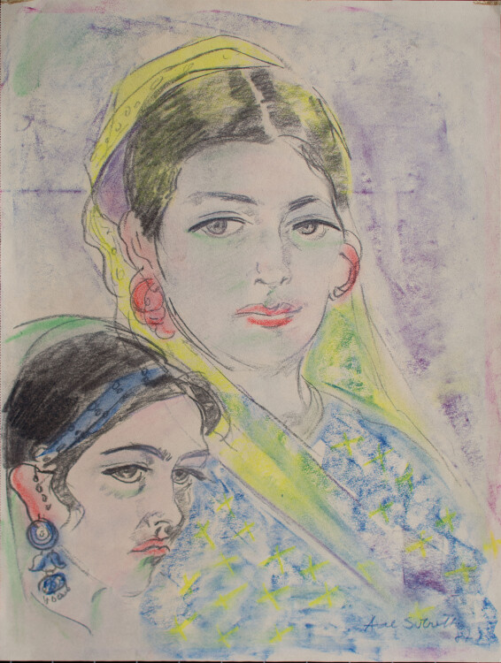 Unleserlich signiert - Zwei indische Mädchen - 1987 - Zeichnung