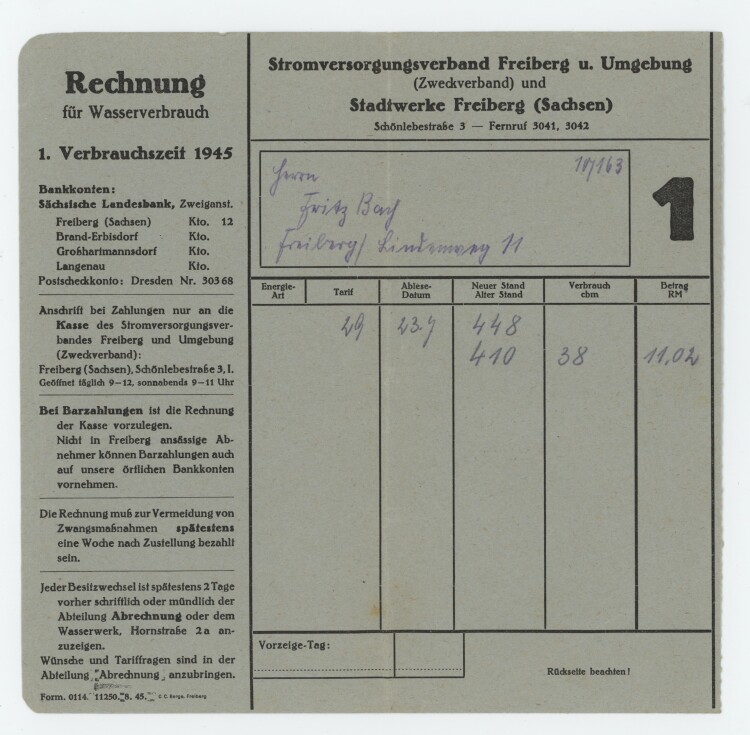 Stadtwerke Stromvesorgungsverband Freiberug u. Umgebung - Rechnung - 1945