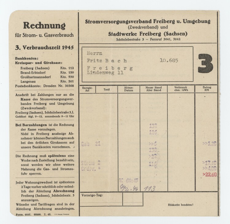 Stadtwerke Stromvesorgungsverband Freiberug u. Umgebung - Rechnung - 1945