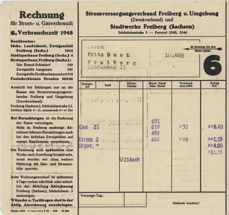 Stadtwerke Stromvesorgungsverband Freiberug u. Umgebung - Rechnung - 1948