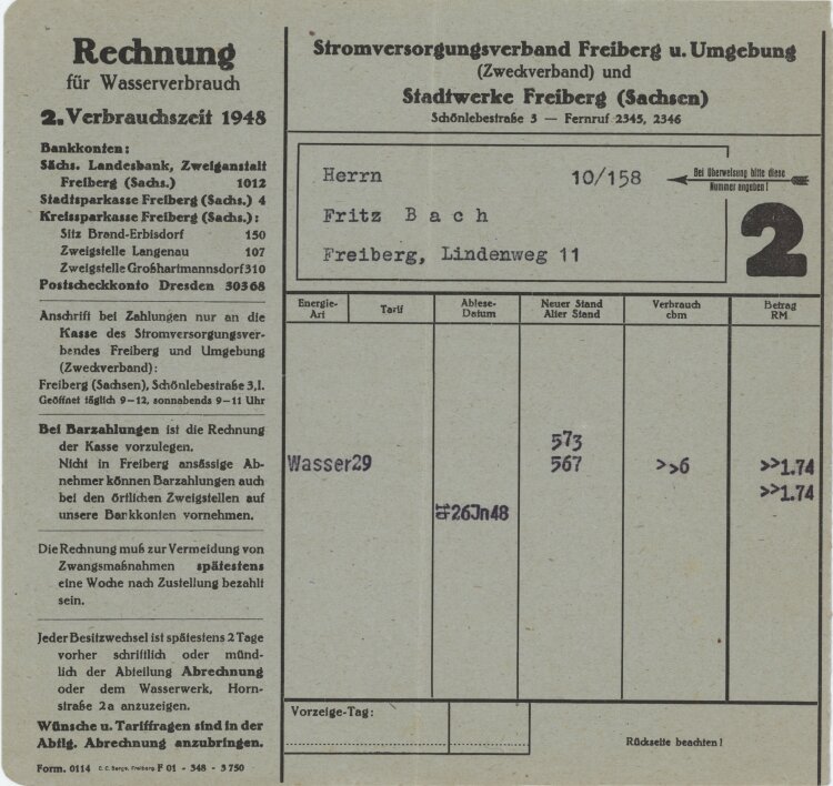 Stadtwerke Stromvesorgungsverband Freiberug u. Umgebung - Rechnung - 1948