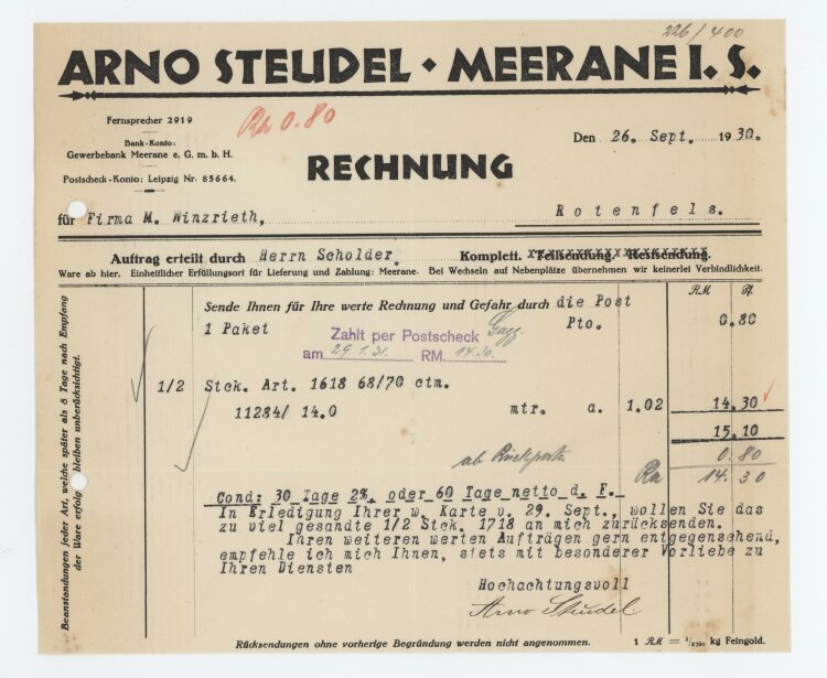 Arno Steudel - Rechnung - 26.09.1930