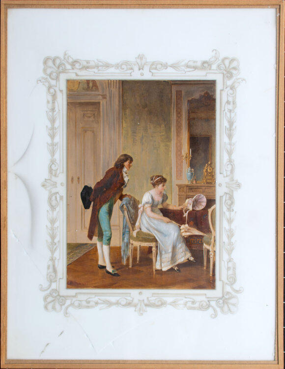 Nach Otto Erdmann - Gespräch im Salon - nach 1890 - Bemalte Heliogravure, geklebt auf Keramikplatte, hinter Glas