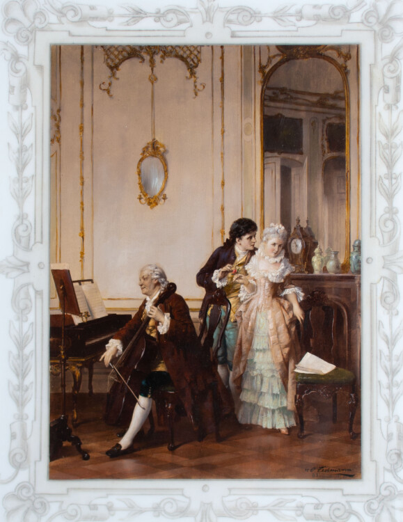Nach Otto Erdmann - Liebespaar im Salon - nach 1890 - Bemalte Heliogravure, geklebt auf Keramikplatte, hinter Glas