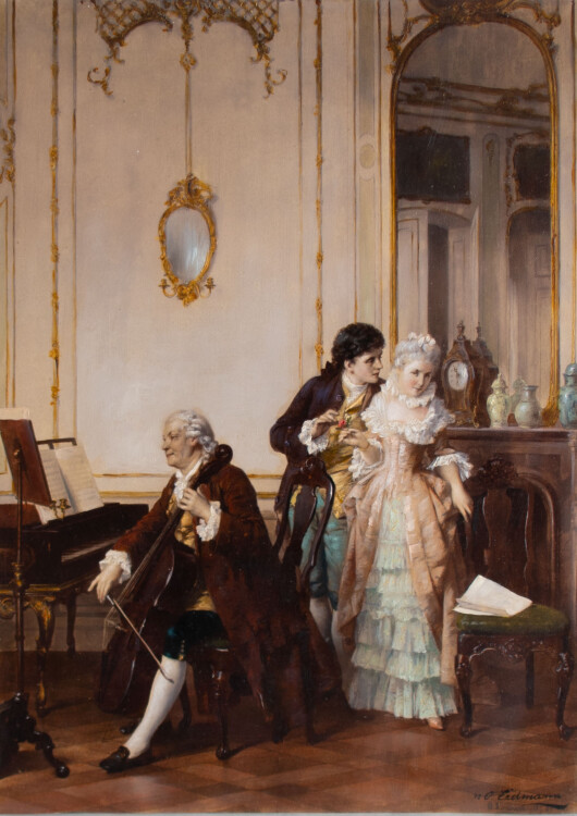 Nach Otto Erdmann - Liebespaar im Salon - nach 1890 - Bemalte Heliogravure, geklebt auf Keramikplatte, hinter Glas
