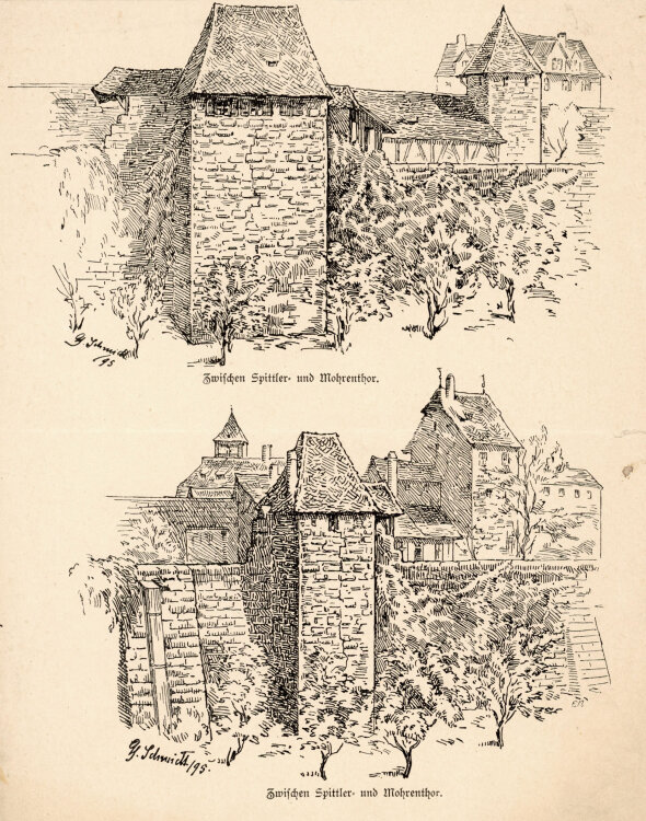 Georg Schmidt - Stadtmauer Perspektiven, zwischen Spittler und Mohrentor - 1895 - Lithografie