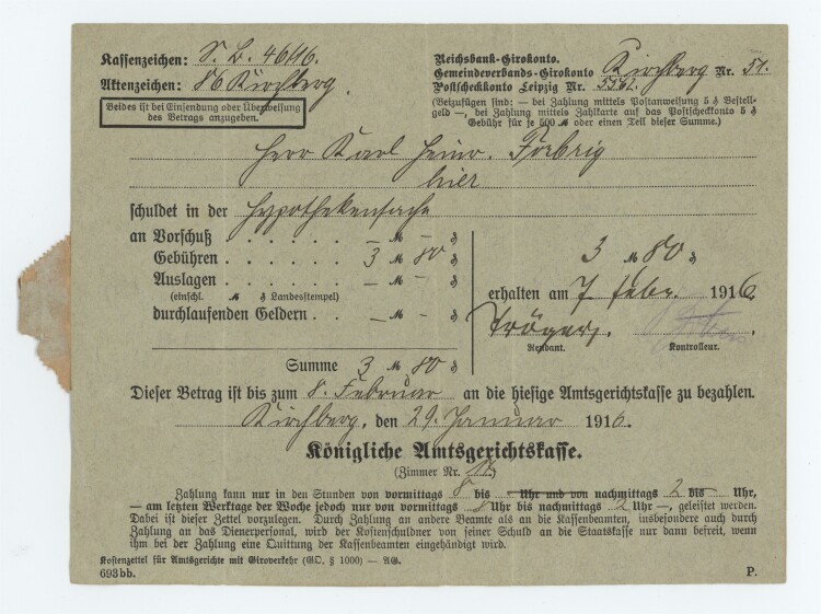 Königliches Amtsgericht - Rechnung - 29.01.1916