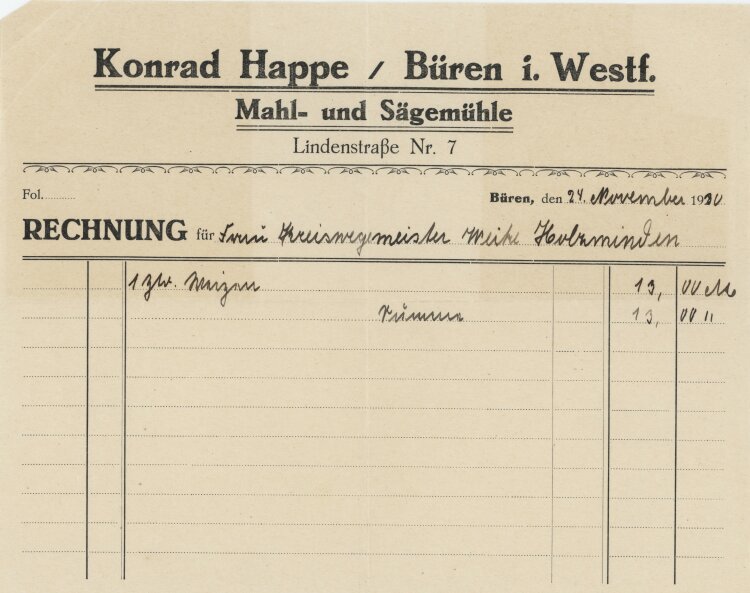 Korand Happe - Rechnung - 24.11.1930