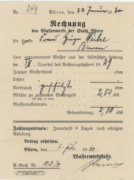 Wasserwerk der Stadt - Rechnung - 22.01.1930