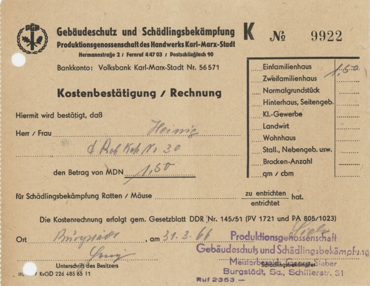 Gebäudeschutz Und Schädlingsbekämpfung Produktionsgenossenschaft - Rechnung - 31.3.1966