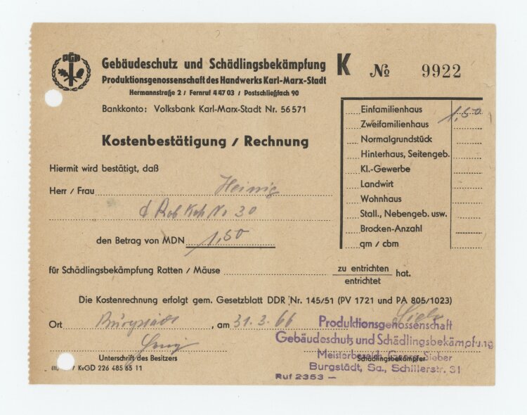 Gebäudeschutz Und Schädlingsbekämpfung Produktionsgenossenschaft - Rechnung - 31.3.1966