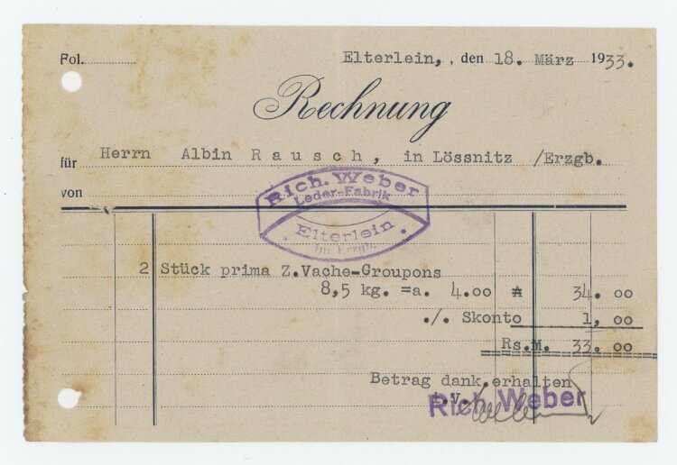 Richard Weber Lederfabrik - Rechnung - 18.03.1933