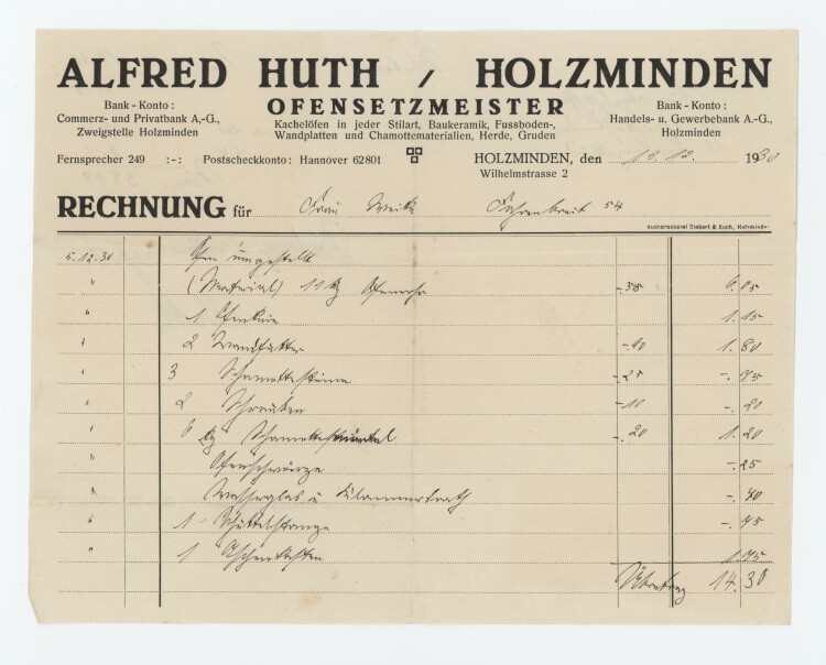 Alfred Huth Ofensetzmeister - Rechnung - 15.12.1930