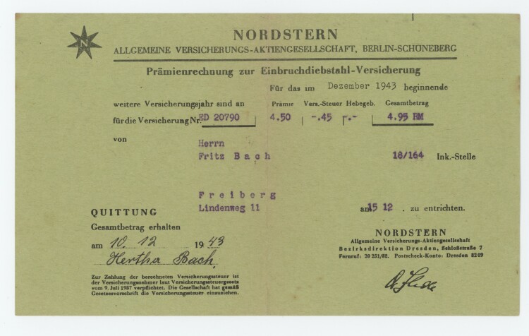 Nordstern Allgemeine Versicherungs-Aktiengesellschaft. - Rechnung - 10.12.1943