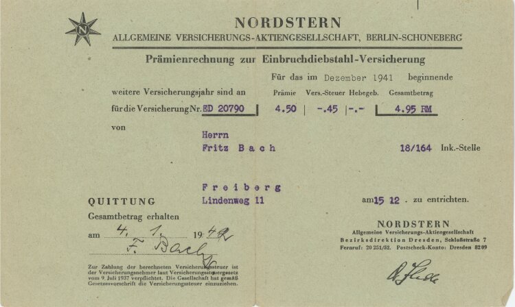 Nordstern Allgemeine Versicherungs-Aktiengesellschaft. - Rechnung - 04.01.1942