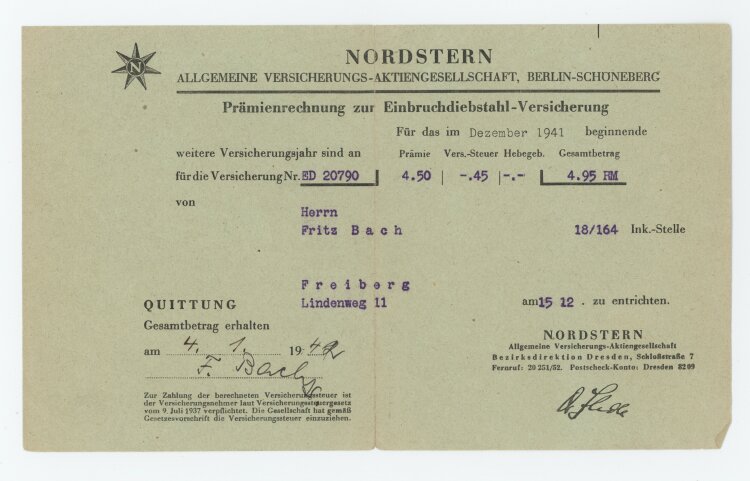 Nordstern Allgemeine Versicherungs-Aktiengesellschaft. - Rechnung - 04.01.1942
