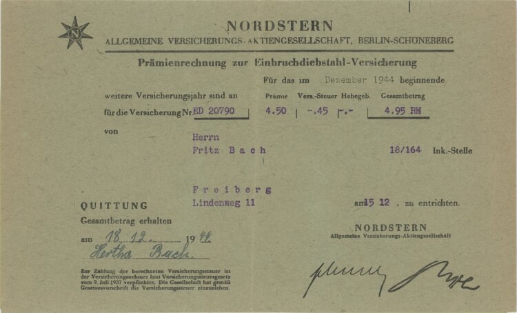 Nordstern Allgemeine Versicherungs-Aktiengesellschaft. - Rechnung - 18.12.1944