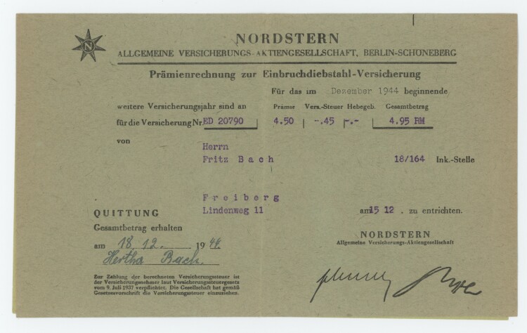 Nordstern Allgemeine Versicherungs-Aktiengesellschaft. - Rechnung - 18.12.1944