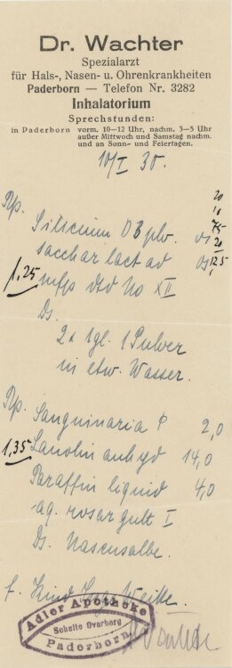 Dr. Wachter HNO Spezialarzt - Rezept - 10.01.1930