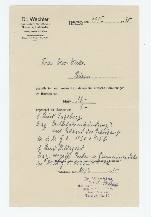 Dr. Wachter HNO Spezialarzt - Rezept - 13.01.1930
