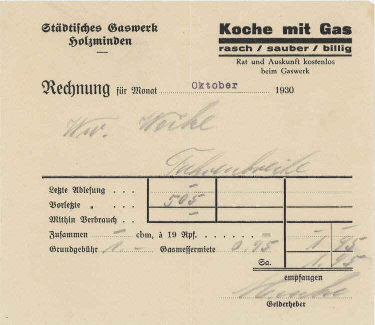 Städtisches Gaswerk Holzminden - Rechnung - 10.1930