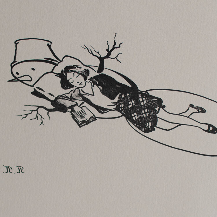 Pavel Pepperstein - Mädchen, auf einem Schneemann schlafend, aus der Serie Sie Spielen - 1997 - Lithografie