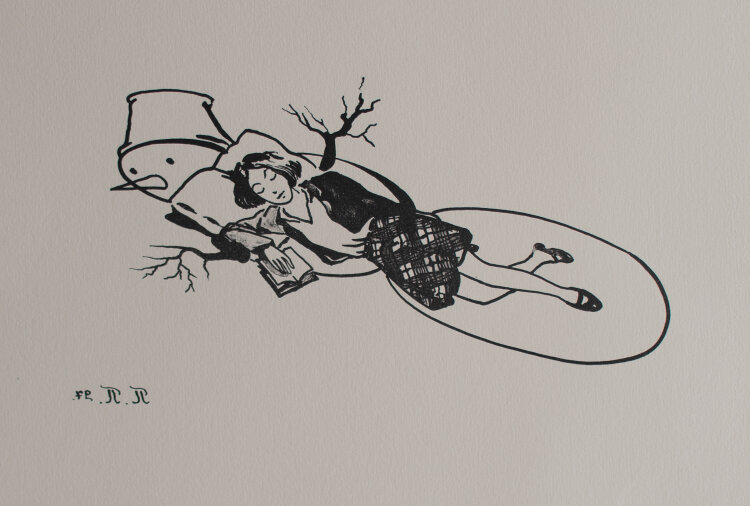 Pavel Pepperstein - Mädchen, auf einem Schneemann schlafend, aus der Serie Sie Spielen - 1997 - Lithografie