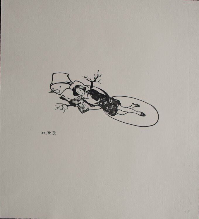 Pavel Pepperstein - Mädchen, auf einem Schneemann schlafend, aus der Serie Sie Spielen - 1997 - Lithografie