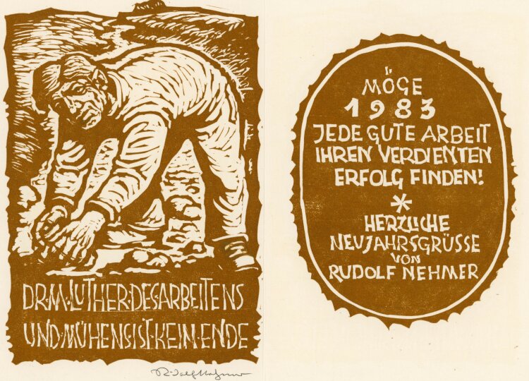 Rudolf Nehmer - Grußkarte Neujahr mit Arbeiter - 1983 - Holzschnitt
