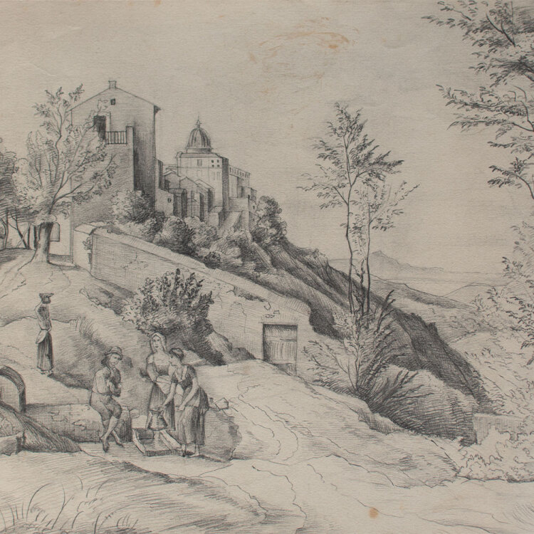 Nevina Radaković - Dorf auf einem Hügel mit Menschen am Brunnen - o.J. - Bleistift