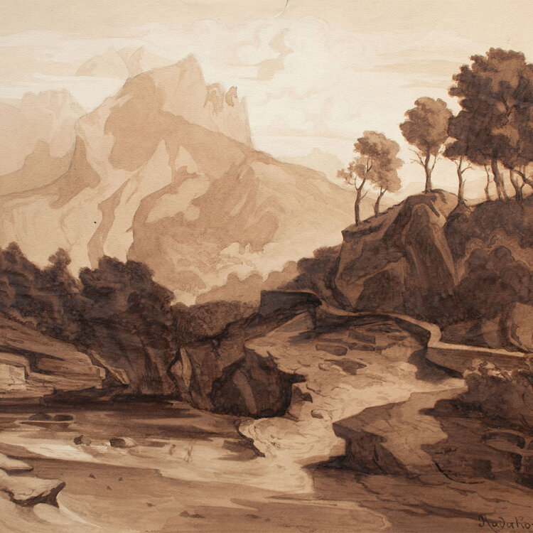 Nevina Radaković - Berglandschaft mit Rastendem oder Künstler - 1887 - Aquarell