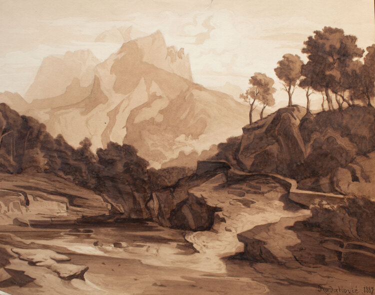 Nevina Radaković - Berglandschaft mit Rastendem oder Künstler - 1887 - Aquarell