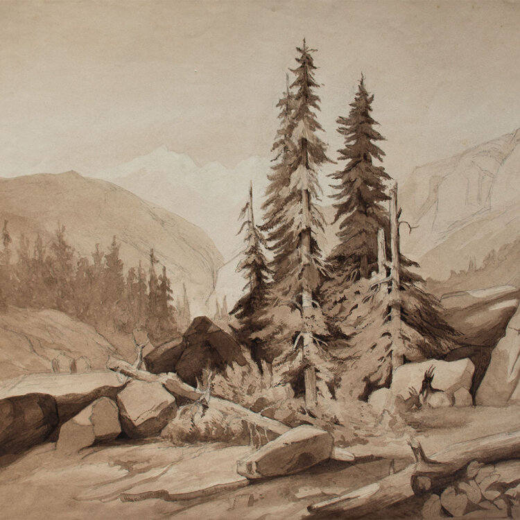 Nevina Radaković - Berglandschaft mit Bäumen und Felsen - o.J. - Aquarell