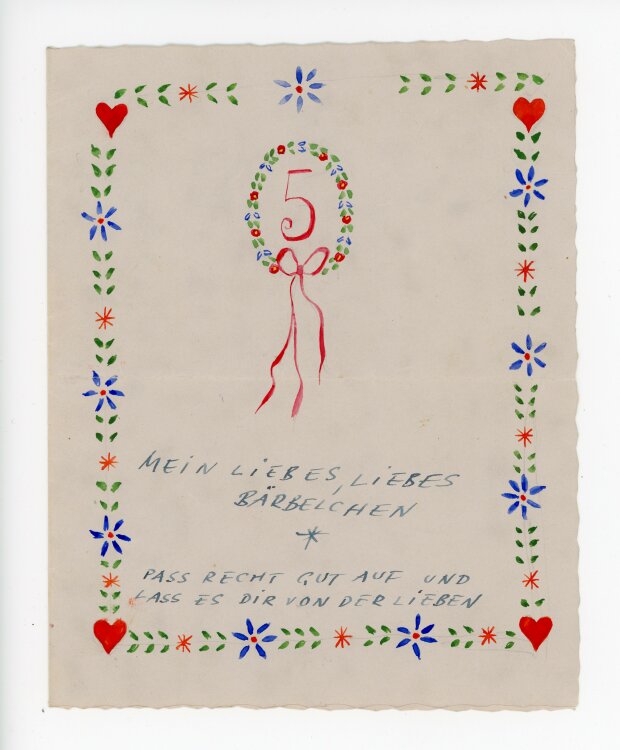 Uli Huber - Geburtstagskarte mit Blumenkranz - 1943 - Mischtechnik