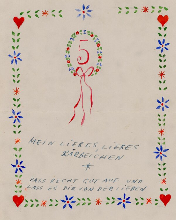 Uli Huber - Geburtstagskarte mit Blumenkranz - 1943 - Mischtechnik