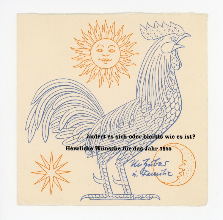 Uli Huber - Neujahrskarte mit Hahn - 1955 - Offsetdruck