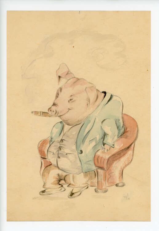 unbekannt - Schwein mit Zigarre - o.J. - Aquarell