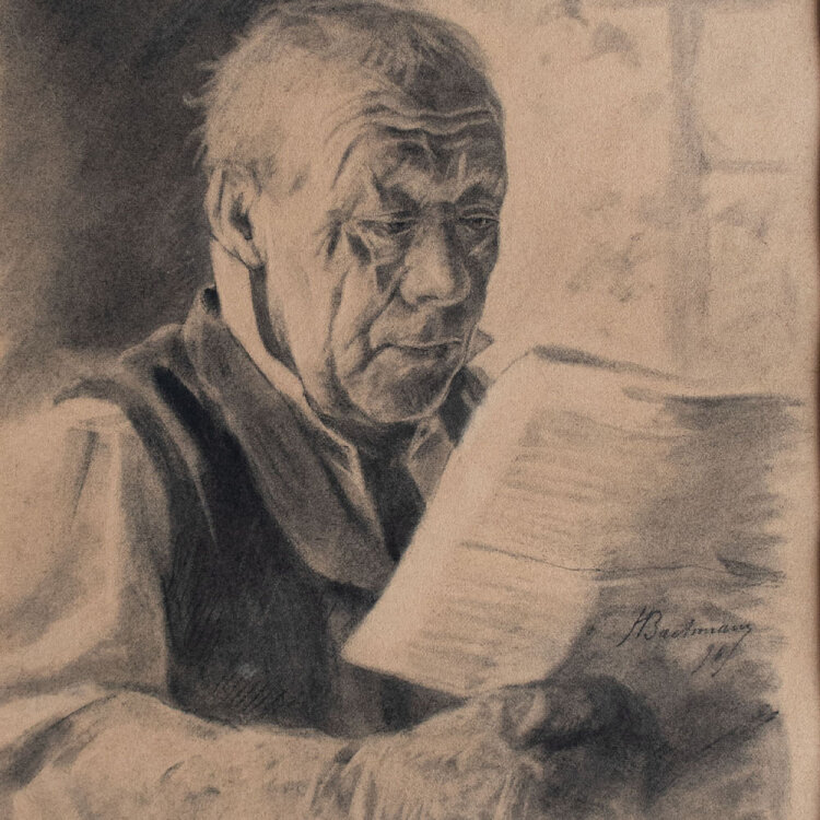 Hans Bachmann - Porträt eines älteren Mannes mit Zeitung - 1896 - Kohle