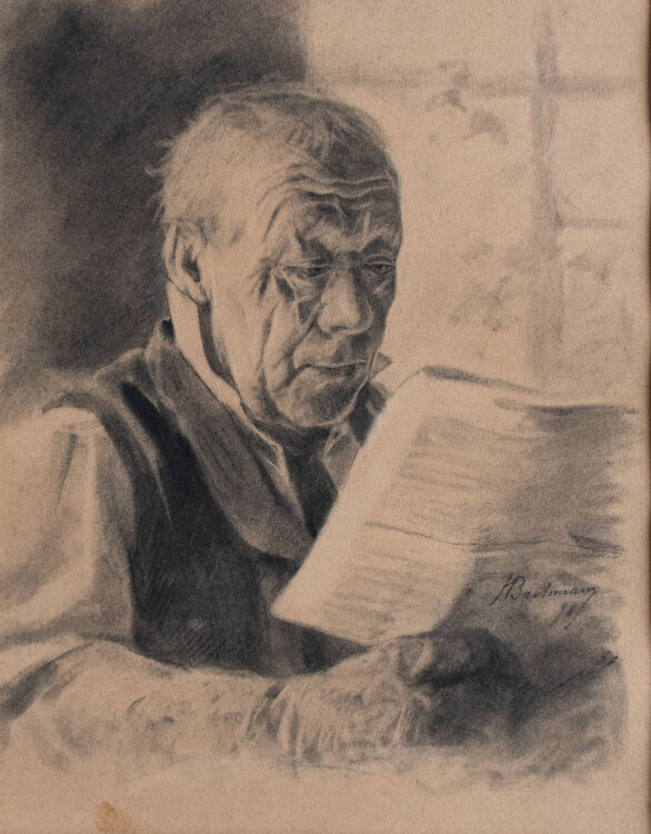 Hans Bachmann - Porträt eines älteren Mannes mit Zeitung - 1896 - Kohle
