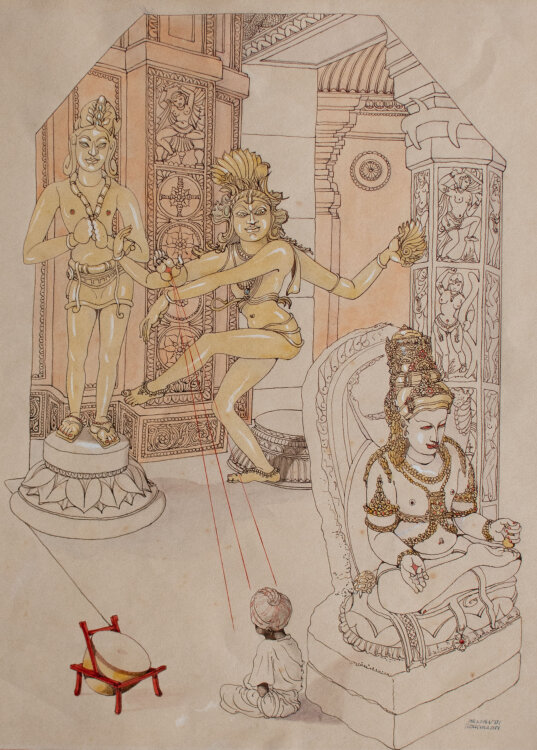 Helmuth Stockmann - Illustration mit Göttern der indischen Mythologie - o.J. - Tusche / Aquarell