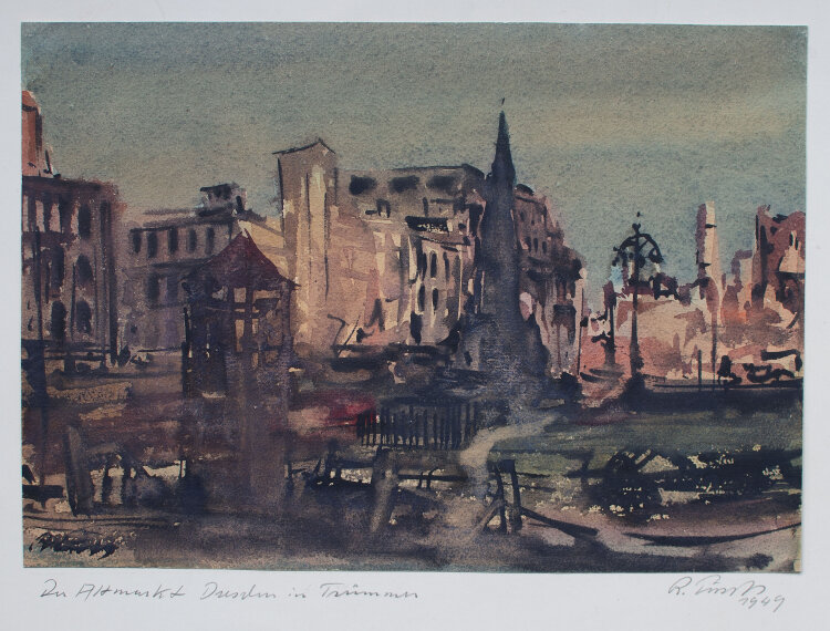 Richard Pusch - Altmarkt Dresden in Trümmern - 1949 - Aquarell