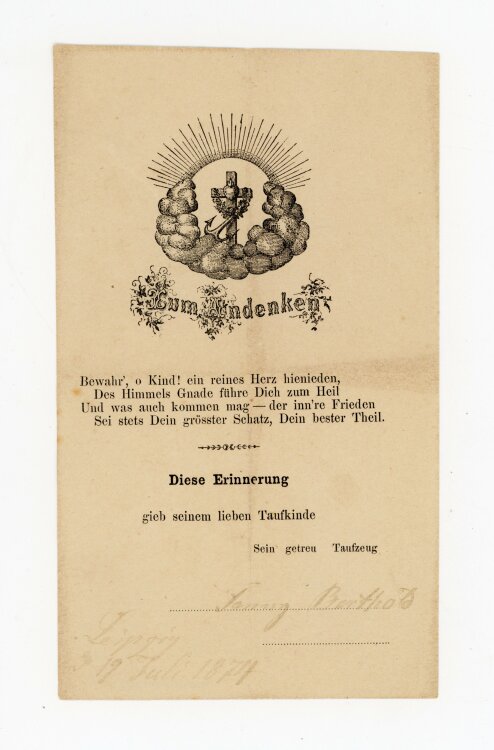 unbekannt - Grußkarte Taufe - 1874 - Radierung