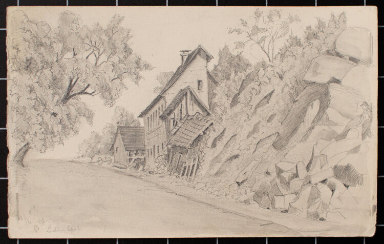 unbekannt - Gehöft in Lichtenthal an Felsenwand - 1904 - Zeichnung, teils mit Tusche laviert