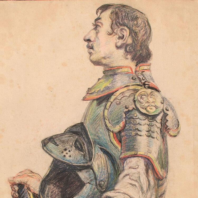 Józef Teofil Smoliński - Ritter im Profil in Rüstung mit abgenommenem Helm - o.J. - Pastell und Kohlestift auf Papier