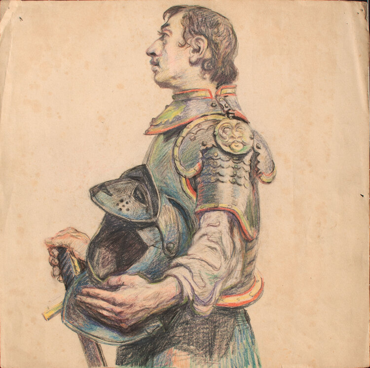 Józef Teofil Smoliński - Ritter im Profil in Rüstung mit abgenommenem Helm - o.J. - Pastell und Kohlestift auf Papier