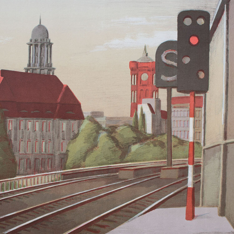 Manfred Pietsch - Blick vom S-Bahnhof Jannowitzbrücke - 1987 - Farboffsetlithografie